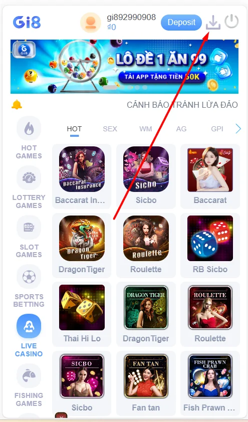 Chọn biểu tượng tải Game Gi8 trên trang chủ